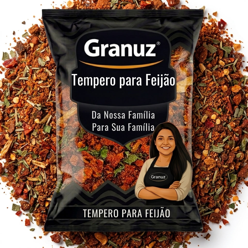 Embalagem e textura de Tempero para Feijão Granuz em destaque, imagem de destaque do artigo Tempero para Feijão