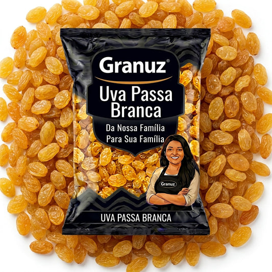 Embalagem e textura de Uva Passa Branca sem Semente Granuz em destaque, imagem de destaque do artigo Uva Passa Branca
