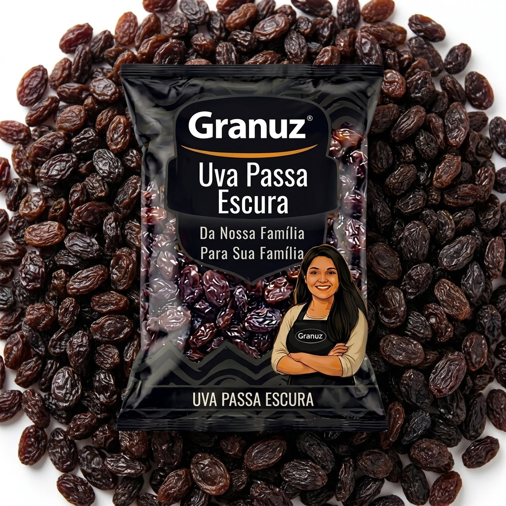 Embalagem e textura de Uva Passa Escura sem Semente Granuz em destaque, imagem de destaque do artigo Uva Passa Escura
