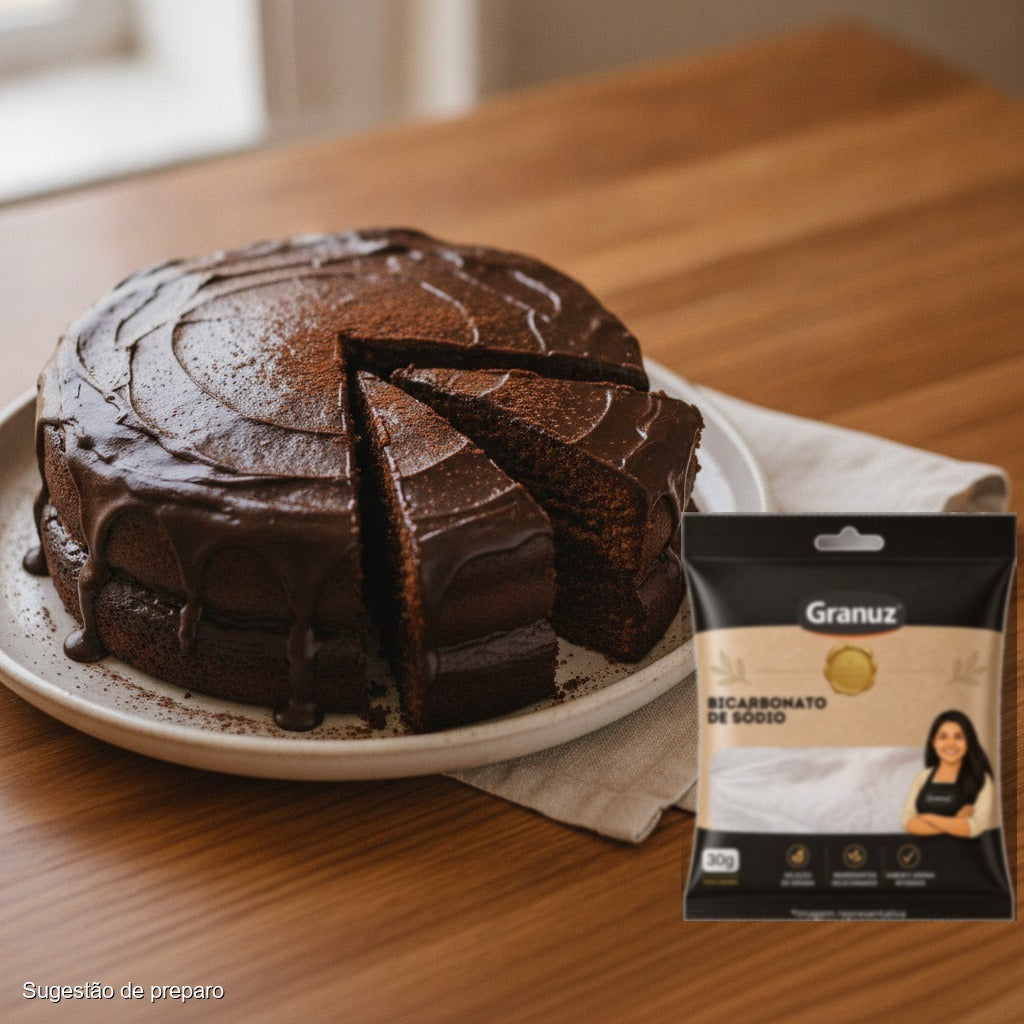 Bolo de chocolate caseiro e Bicarbonato de Sódio Granuz 30g (sugestão de preparo)