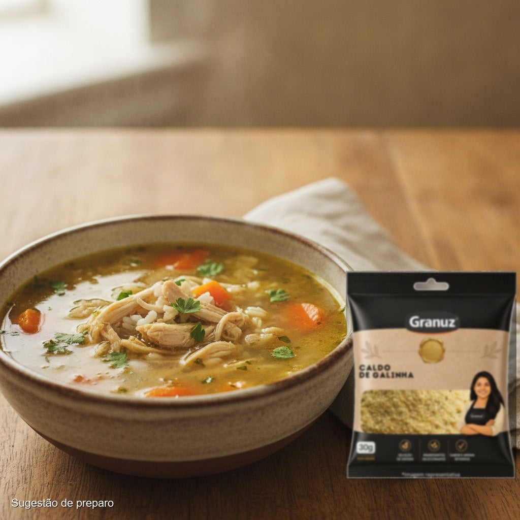 Canja de galinha e Caldo de Galinha em Pó Granuz 30g (sugestão de preparo)