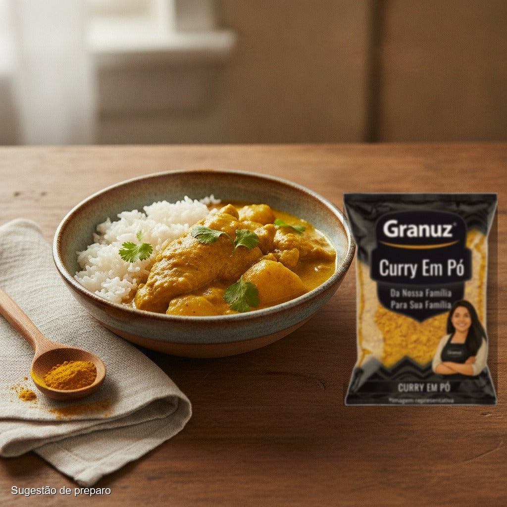 Frango ao curry com arroz e Curry em Pó Granuz - Granel (sugestão de preparo)