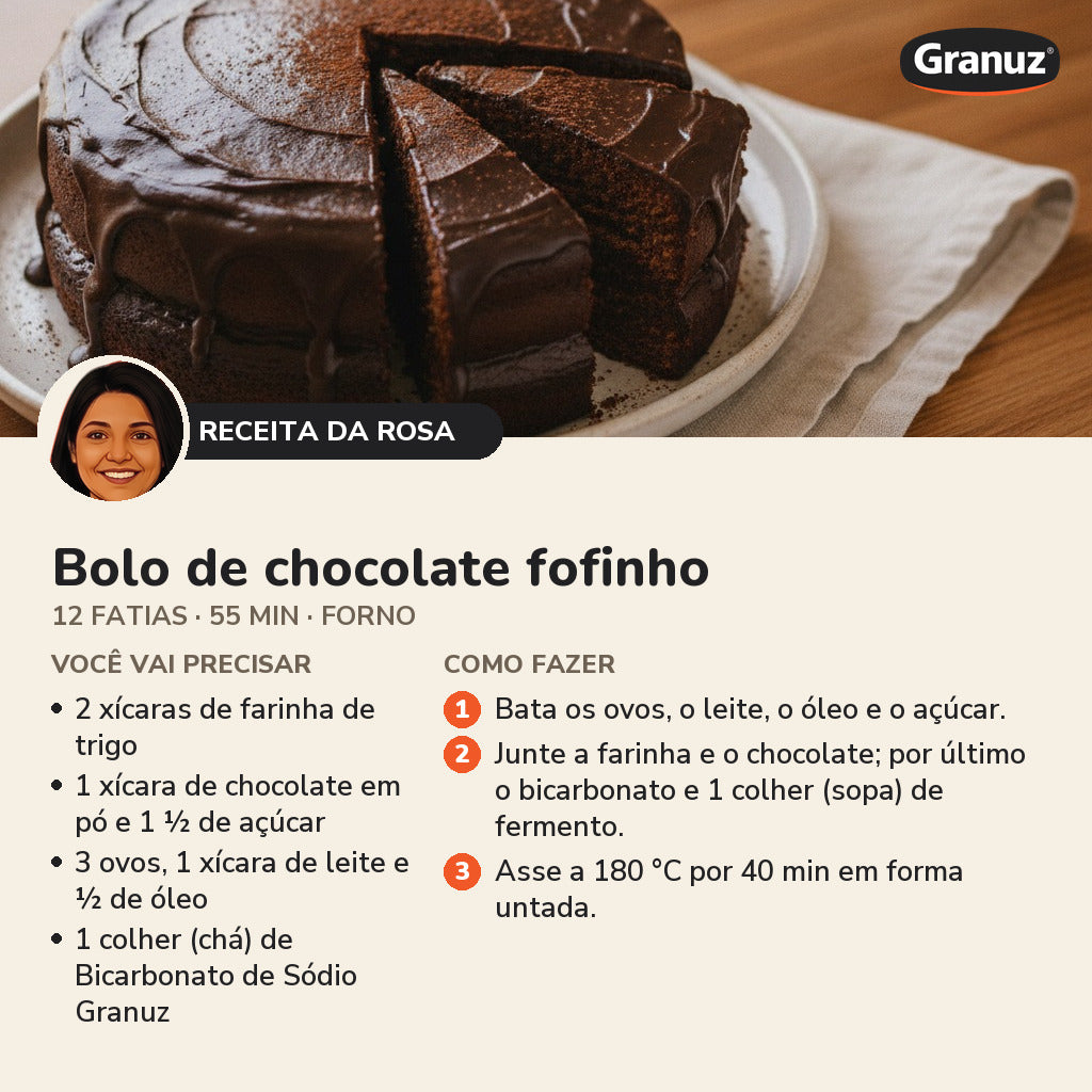 Receita da Rosa: Bolo de chocolate fofinho (Bicarbonato de Sódio Granuz)
