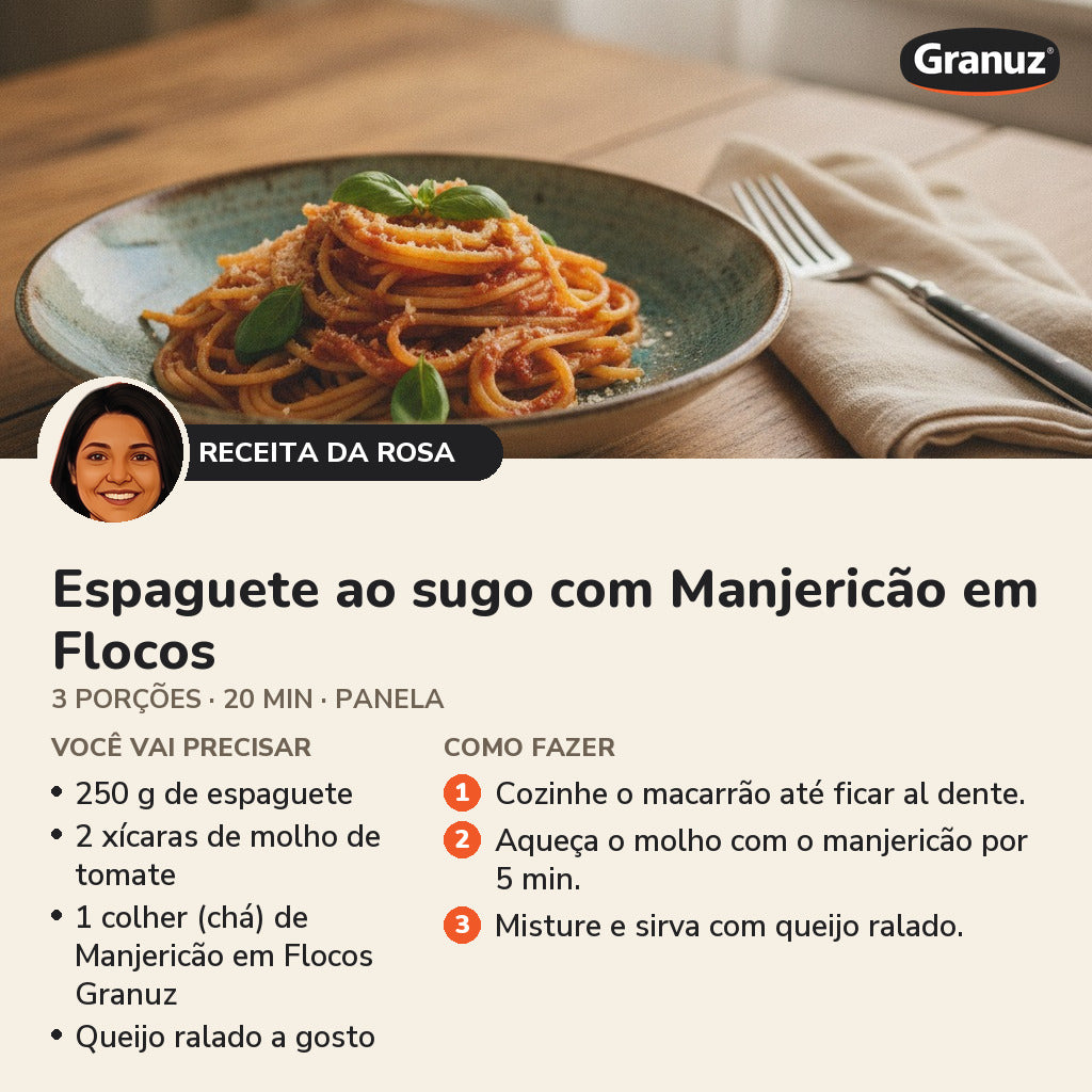 Receita da Rosa: Espaguete ao sugo com Manjericão em Flocos