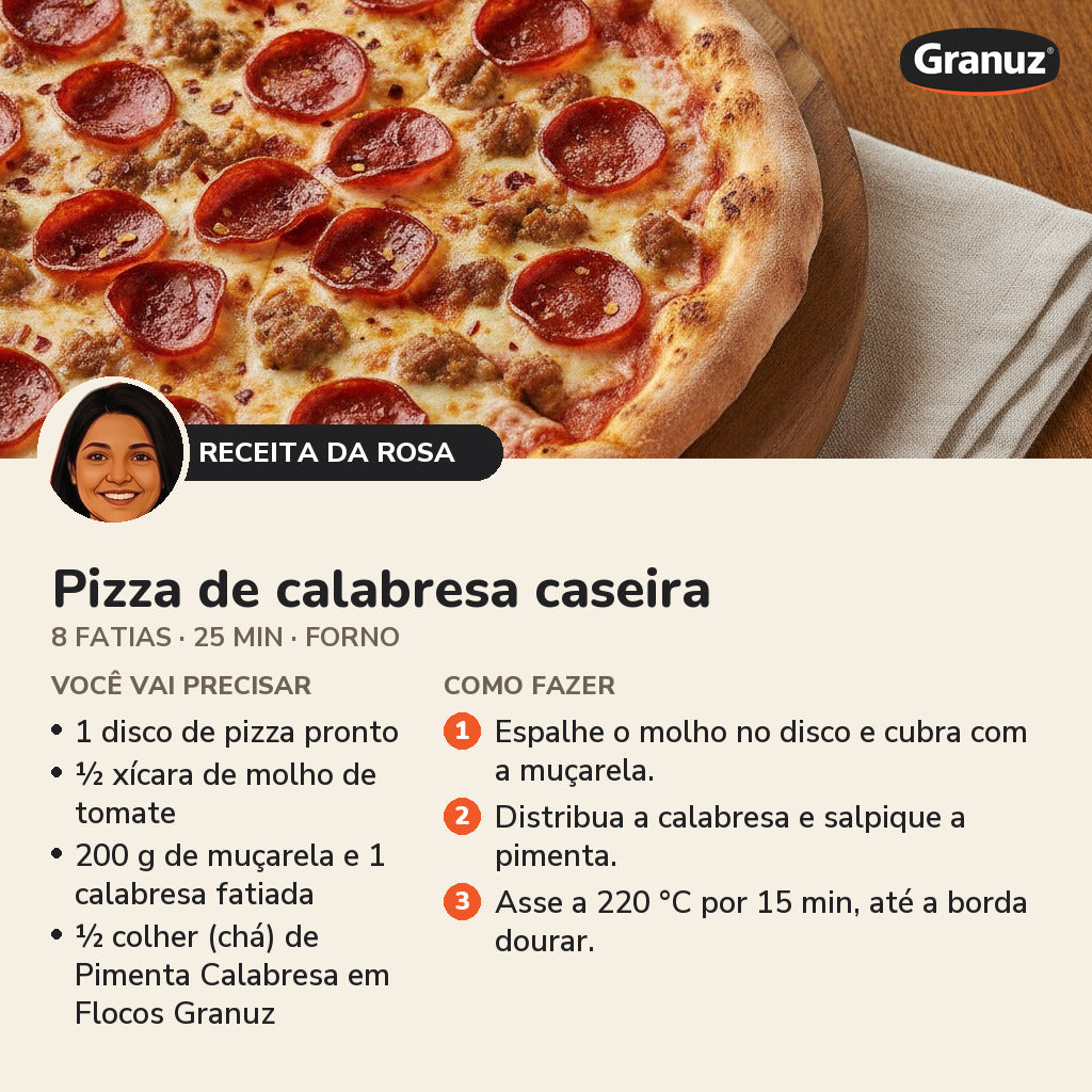 Receita da Rosa: Pizza de calabresa caseira (Pimenta Calabresa em Flocos Granuz)