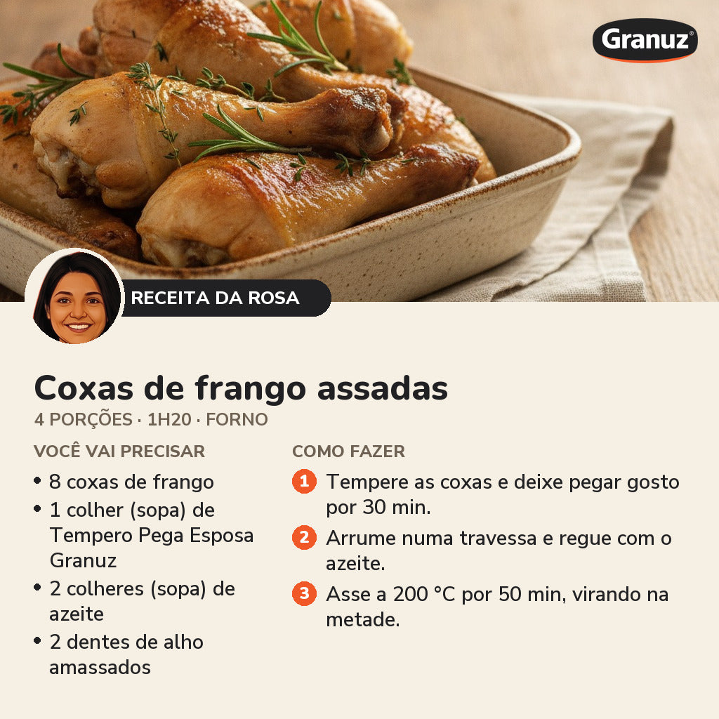 Receita da Rosa: Coxas de frango assadas (Tempero Pega Esposa Granuz)