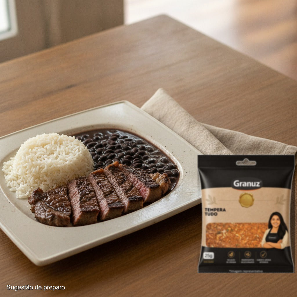 Arroz, feijão e bife e Tempera Tudo Granuz 25g (sugestão de preparo)