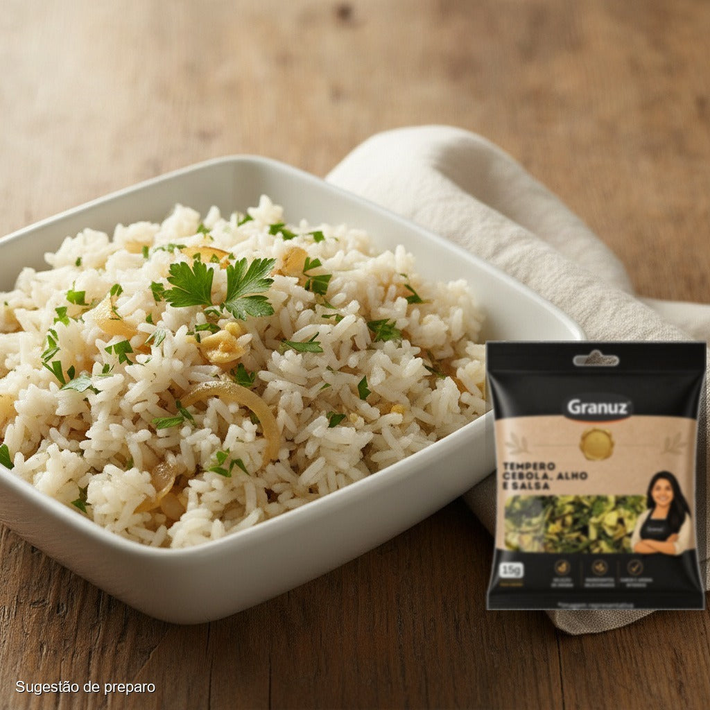 Arroz com cebola, alho e salsa e Tempero Cebola, Alho e Salsa Granuz 15g (sugestão de preparo)