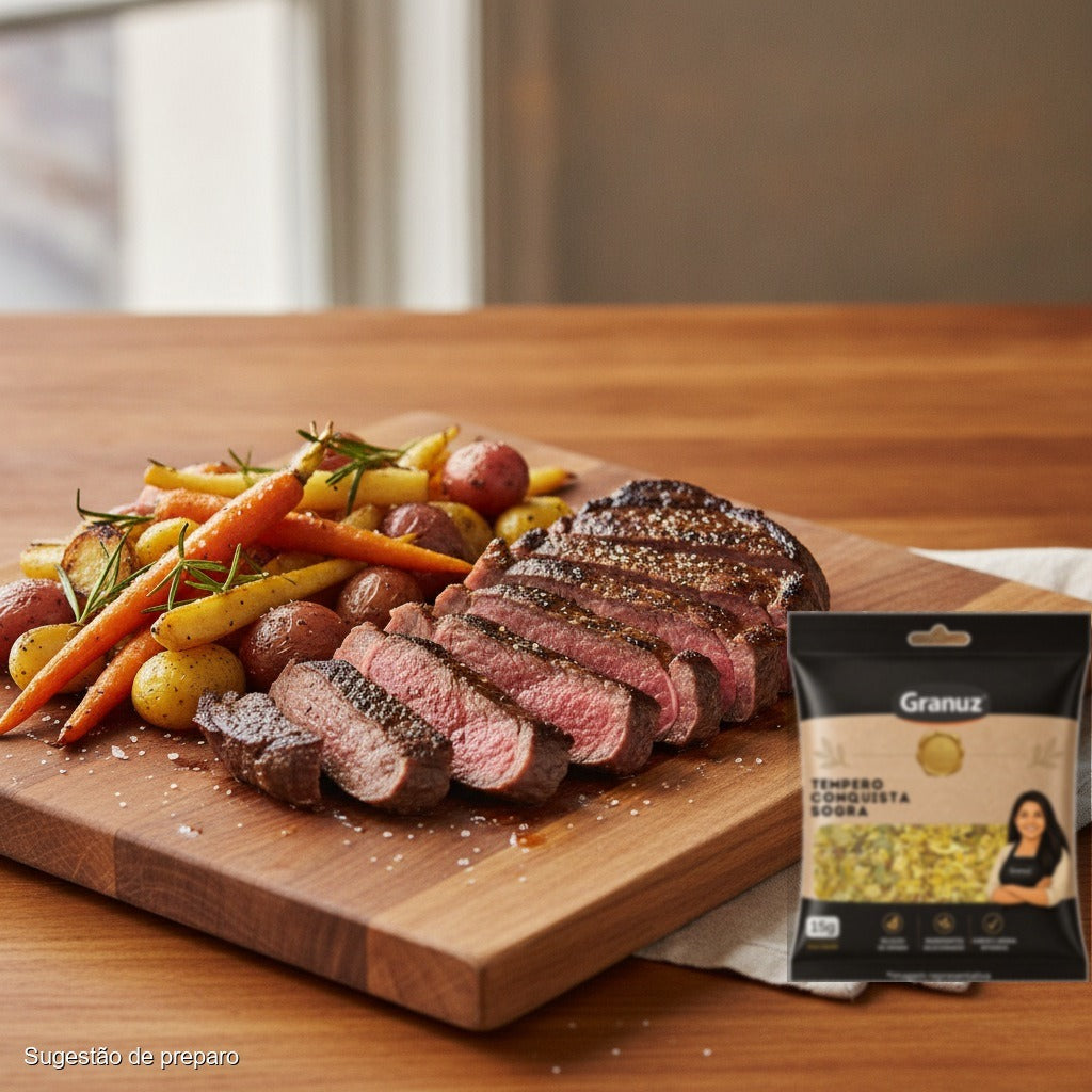 Bife grelhado com legumes assados e Tempero Conquista Sogra Granuz 15g (sugestão de preparo)