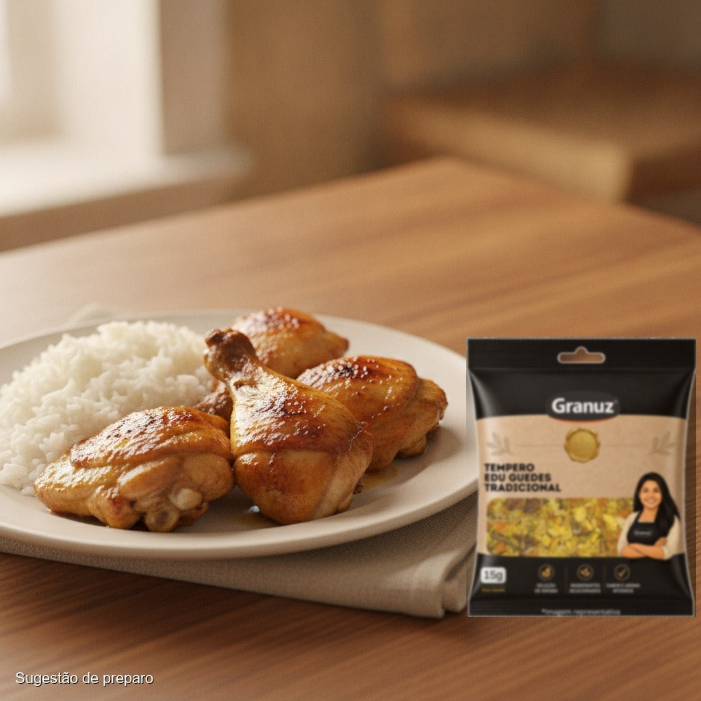Sobrecoxas assadas com arroz e Tempero Edu Guedes Tradicional Granuz 15g (sugestão de preparo)