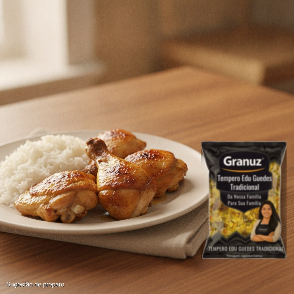 Sobrecoxas assadas com arroz e Tempero Edu Guedes Tradicional Granuz - Granel (sugestão de preparo)