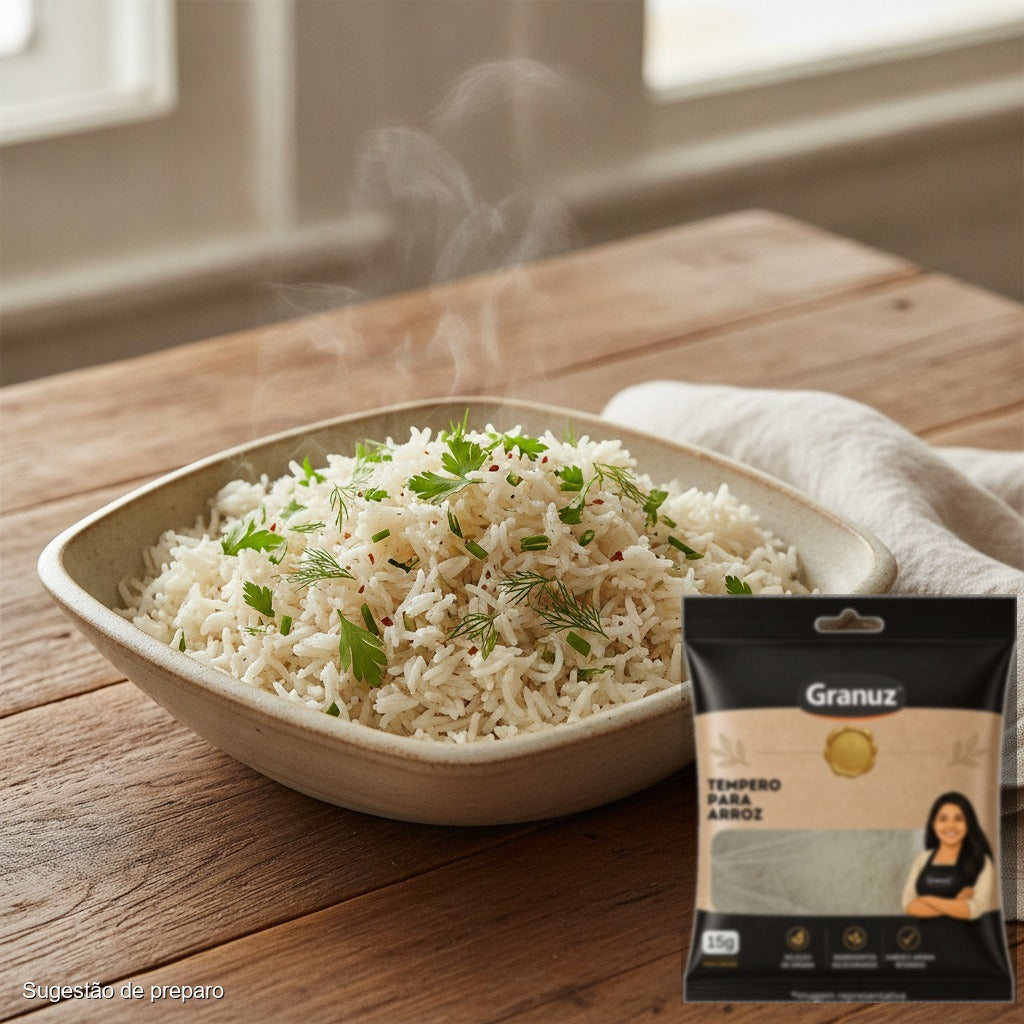 Arroz soltinho temperado e Tempero para Arroz Granuz 15g (sugestão de preparo)