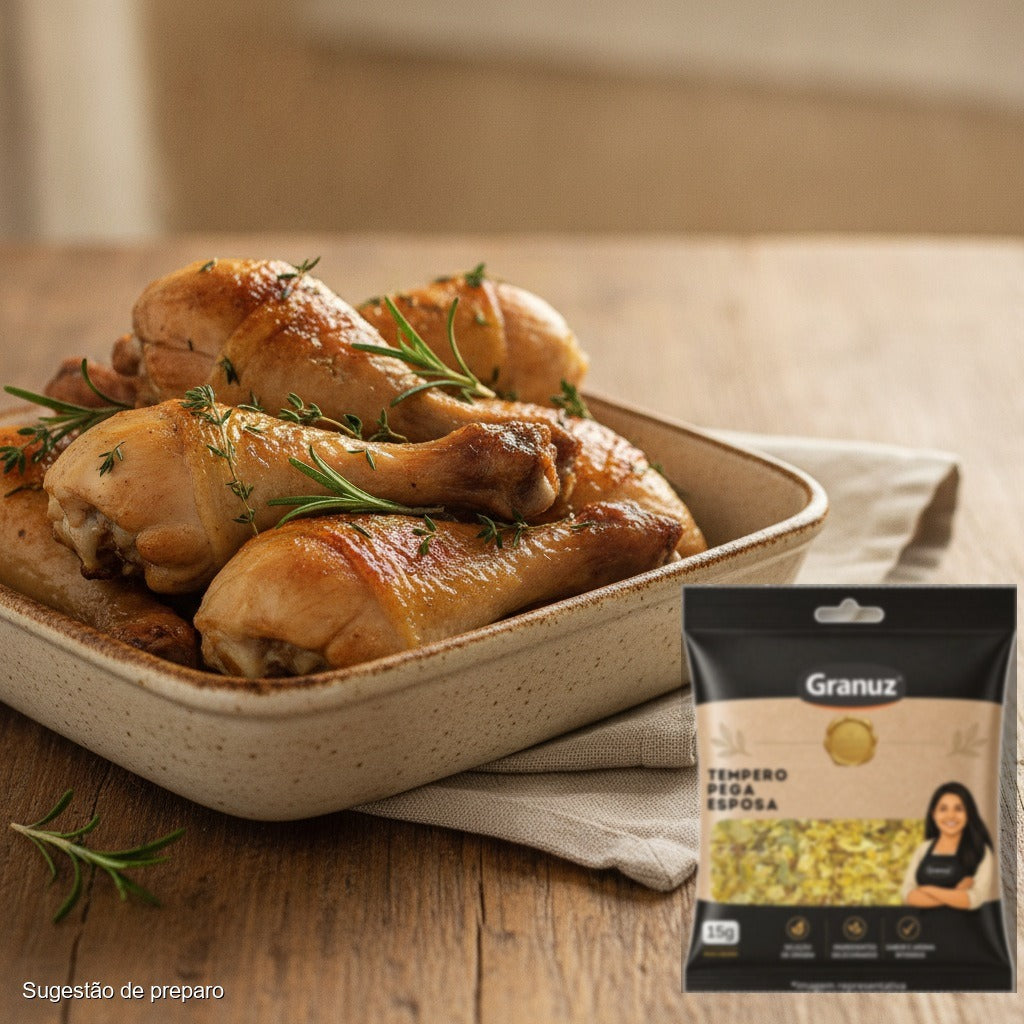 Coxas de frango assadas e Tempero Pega Esposa Granuz 15g (sugestão de preparo)